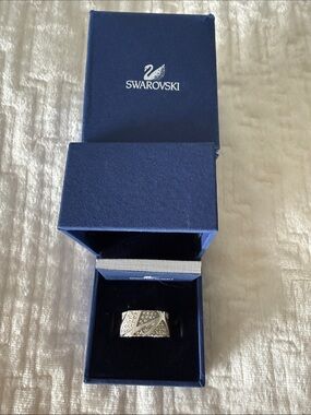 Swarovski Silver Tone Crystal-Studded Wide Band Ring